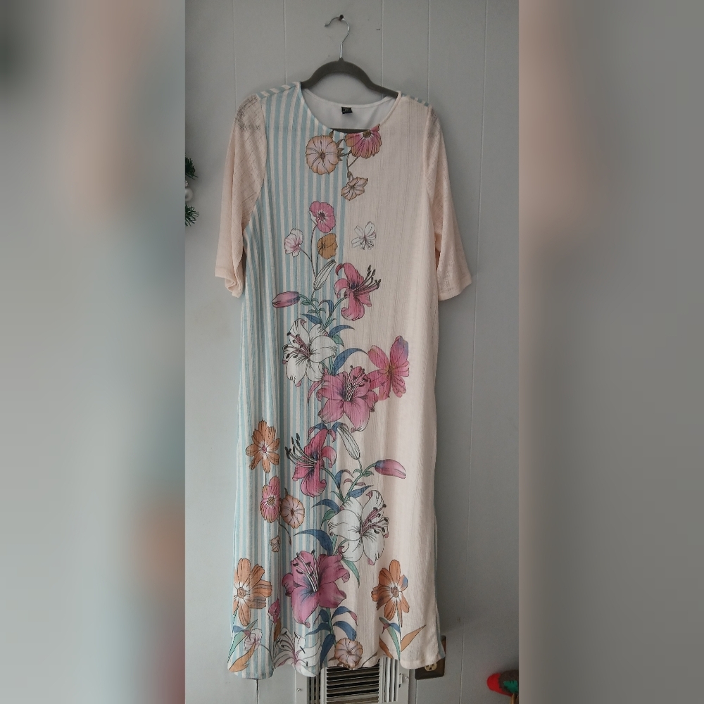 SHEIN Pink & Cream Floral Stripe Maxi Dress